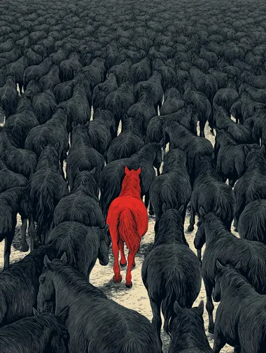 A huge black silhouette of a herd of horses, with a red horse standing out in the middle. The scene is captured from an overhead perspective, showing thousands of noble and elegant pure black horses in a vast space. The hair of each horse is clear, rich in color, clear in texture, and exquisite in pattern. Art print,