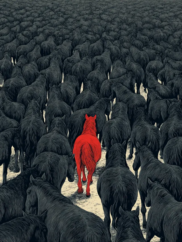 Majestic Contrast: A Red Horse Amongst a Sea of Black Stallions