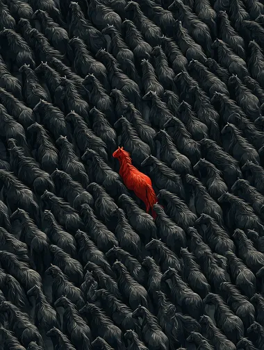 A huge black silhouette of a herd of horses, with a red horse standing out in the middle. The scene is captured from an overhead perspective, showing thousands of noble and elegant pure black horses in a vast space. The hair of each horse is clear, rich in color, clear in texture, and exquisite in pattern. Art print,