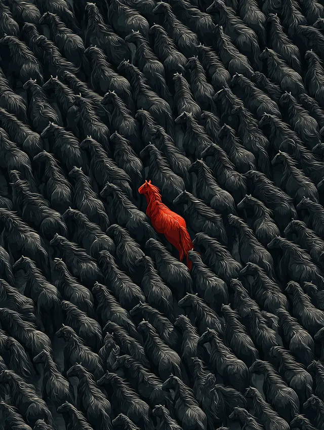 Overhead View of a Herd of Horses with a Striking Red Stallion