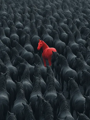 A huge black silhouette of a herd of horses, with a red horse standing out in the middle. The scene is captured from an overhead perspective, showing thousands of noble and elegant pure black horses in a vast space. The hair of each horse is clear, rich in color, clear in texture, and exquisite in pattern. Art print,