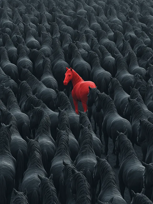 Red Horse Amongst a Sea of Black: A Stunning Overhead Capture