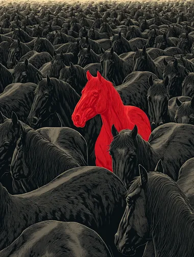 A huge black silhouette of a herd of horses, with a red horse standing out in the middle. The scene is captured from an overhead perspective, showing thousands of noble and elegant pure black horses in a vast space. The hair of each horse is clear, rich in color, clear in texture, and exquisite in pattern. Art print,