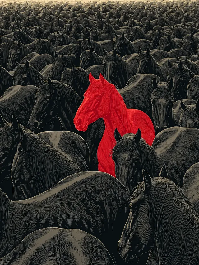 A Bold Contrast: Herd of Black Horses with a Red Standout