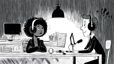 black woman with natural hair wearing headphones, sitting in a podcast studio with a developer (man), both speaking into podcast microphones, cozy setting, hand-drawn black and white sketch, chalky textured line art, light sign glowing, space on the bottom for adding a QR code, minimalist and artistic composition     --oref  --ow 825