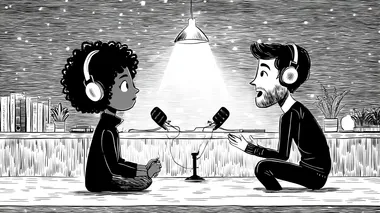 black woman with natural hair wearing headphones, sitting in a podcast studio with a developer (man), both speaking into podcast microphones, cozy setting, hand-drawn black and white sketch, chalky textured line art, light sign glowing, space on the bottom for adding a QR code, minimalist and artistic composition     --oref  --ow 825