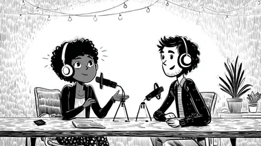 black woman with natural hair wearing headphones, sitting in a podcast studio with a developer (man), both speaking into podcast microphones, cozy setting, hand-drawn black and white sketch, chalky textured line art, light sign glowing, space on the bottom for adding a QR code, minimalist and artistic composition     --oref  --ow 825