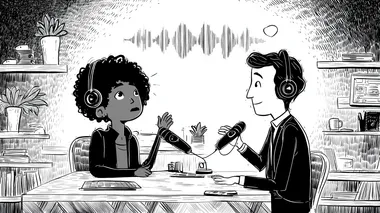 black woman with natural hair wearing headphones, sitting in a podcast studio with a developer (man), both speaking into podcast microphones, cozy setting, hand-drawn black and white sketch, chalky textured line art, light sign glowing, space on the bottom for adding a QR code, minimalist and artistic composition     --oref  --ow 825