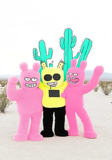 three female humanoids wearing oversized plush pink and yellow robot heads with cactus arms. On their shoulders is a huge art installation made from giant speakers. The background is a desert landscape.   1ug8ngh