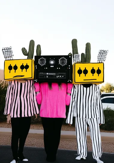 three female humanoids wearing oversized plush pink and yellow robot heads with cactus arms. On their shoulders is a huge art installation made from giant speakers. The background is a desert landscape.   1ug8ngh