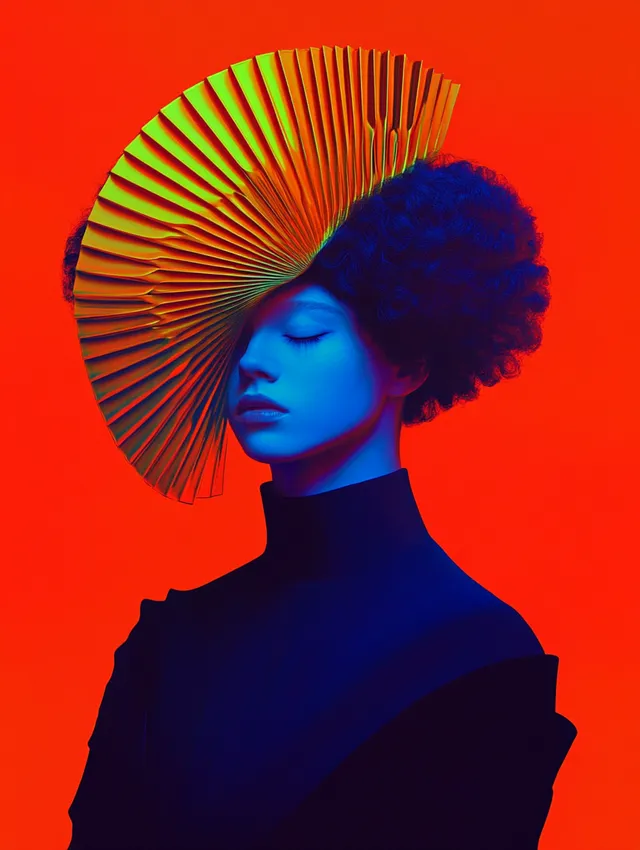 High Fashion Portrait of a Woman with Fan Headpiece in Urban Studio