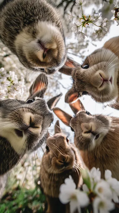 adorable group of rabbits looking down into the camera, perspective from below, wide angle lens, surrounded by blooming white cherry blossoms, soft natural daylight, cinematic lighting, ultra realistic rabbit fur, expressive eyes and whiskers, shallow depth of field, hyperdetailed 8K, whimsical and joyful atmosphere, professional studio-style photography outdoors