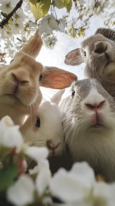 adorable group of rabbits looking down into the camera, perspective from below, wide angle lens, surrounded by blooming white cherry blossoms, soft natural daylight, cinematic lighting, ultra realistic rabbit fur, expressive eyes and whiskers, shallow depth of field, hyperdetailed 8K, whimsical and joyful atmosphere, professional studio-style photography outdoors