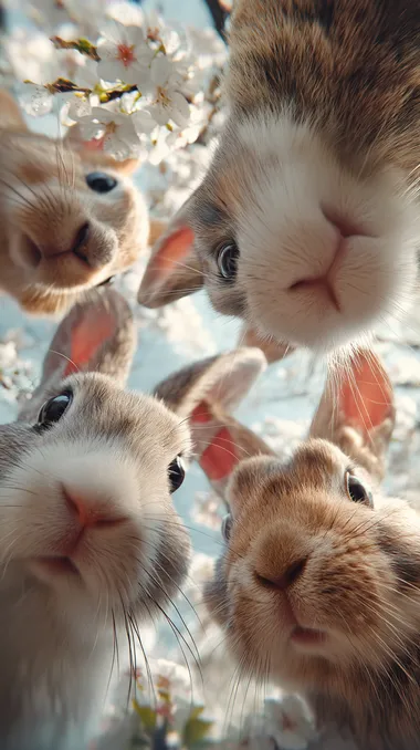 adorable group of rabbits looking down into the camera, perspective from below, wide angle lens, surrounded by blooming white cherry blossoms, soft natural daylight, cinematic lighting, ultra realistic rabbit fur, expressive eyes and whiskers, shallow depth of field, hyperdetailed 8K, whimsical and joyful atmosphere, professional studio-style photography outdoors