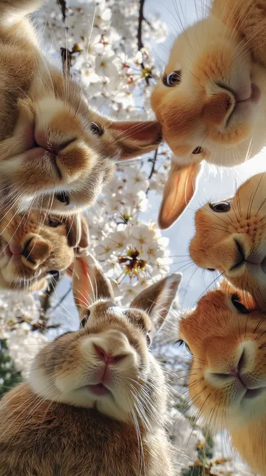 adorable group of rabbits looking down into the camera, perspective from below, wide angle lens, surrounded by blooming white cherry blossoms, soft natural daylight, cinematic lighting, ultra realistic rabbit fur, expressive eyes and whiskers, shallow depth of field, hyperdetailed 8K, whimsical and joyful atmosphere, professional studio-style photography outdoors