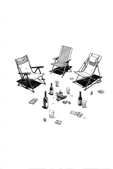 A simple black and white line drawing depicts three camping chairs arranged in an L shape. Dice are scattered on the ground between the chairs, and playing cards are placed beside one chair. Bottles of beer and mobile phones lie next to another chair. The background is pure white.
