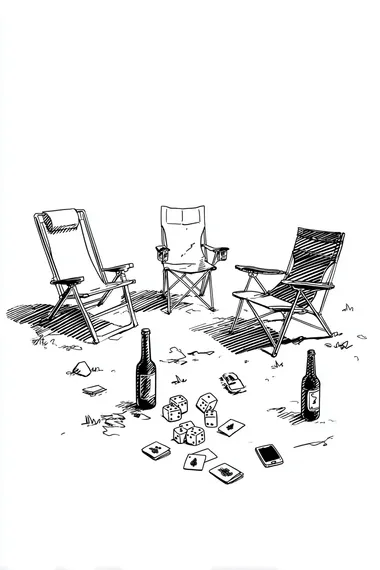 A simple black and white line drawing depicts three camping chairs arranged in an L shape. Dice are scattered on the ground between the chairs, and playing cards are placed beside one chair. Bottles of beer and mobile phones lie next to another chair. The background is pure white.