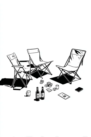 A simple black and white line drawing depicts three camping chairs arranged in an L shape. Dice are scattered on the ground between the chairs, and playing cards are placed beside one chair. Bottles of beer and mobile phones lie next to another chair. The background is pure white.