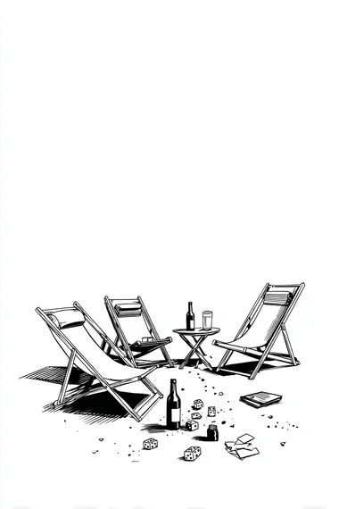 A simple black and white line drawing depicts three camping chairs arranged in an L shape. Dice are scattered on the ground between the chairs, and playing cards are placed beside one chair. Bottles of beer and mobile phones lie next to another chair. The background is pure white.