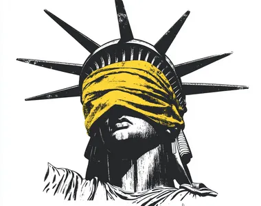 A black and white stencil of the Statue of Liberty with her blindfold on, yellow fabric covering her eyes, a vintage feel, high contrast, white background, simple design, in the style of John Heartfield, in the style of Banksy, in the style of Saul Bass, in the style of Yoji Shinkawa, in the style of Paula Scherlachheubig.