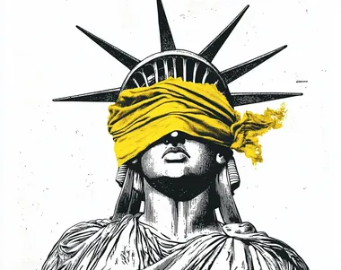 A black and white stencil of the Statue of Liberty with her blindfold on, yellow fabric covering her eyes, a vintage feel, high contrast, white background, simple design, in the style of John Heartfield, in the style of Banksy, in the style of Saul Bass, in the style of Yoji Shinkawa, in the style of Paula Scherlachheubig.