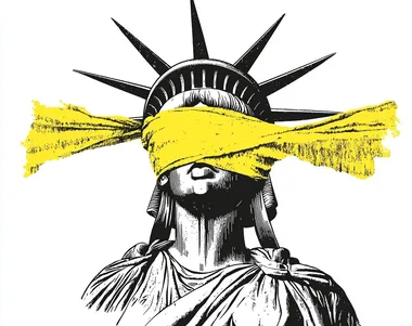 A black and white stencil of the Statue of Liberty with her blindfold on, yellow fabric covering her eyes, a vintage feel, high contrast, white background, simple design, in the style of John Heartfield, in the style of Banksy, in the style of Saul Bass, in the style of Yoji Shinkawa, in the style of Paula Scherlachheubig.