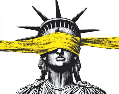 A black and white stencil of the Statue of Liberty with her blindfold on, yellow fabric covering her eyes, a vintage feel, high contrast, white background, simple design, in the style of John Heartfield, in the style of Banksy, in the style of Saul Bass, in the style of Yoji Shinkawa, in the style of Paula Scherlachheubig.