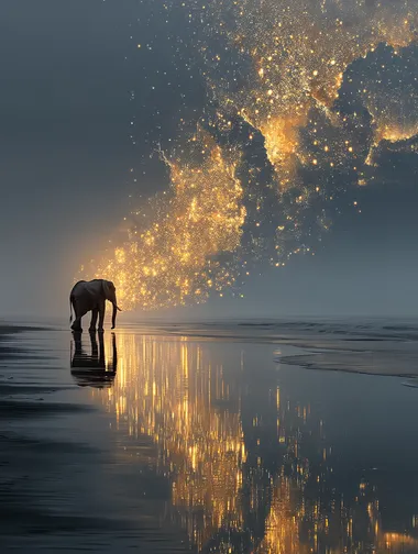 Dreamscape, elephant, stars, golden composition with negative space, masterpiece. Surrealist photography, high quality.  --s 750