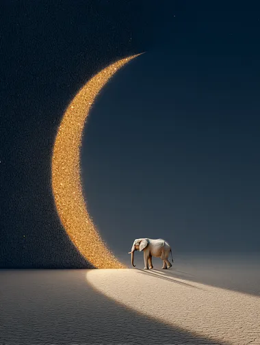 Dreamscape, elephant, stars, golden composition with negative space, masterpiece. Surrealist photography, high quality.  --s 750