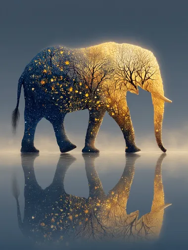 Dreamscape, elephant, stars, golden composition with negative space, masterpiece. Surrealist photography, high quality.  --s 750