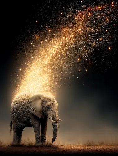 Dreamscape, elephant, stars, golden composition with negative space, masterpiece. Surrealist photography, high quality.  --s 750