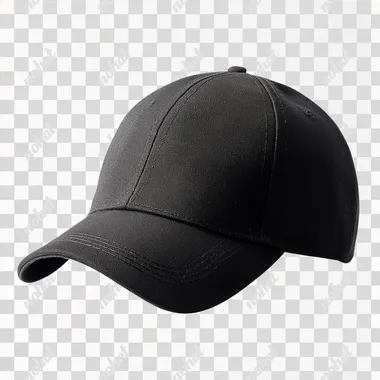 black baseball cap, isolated transparent background, side quarter view
