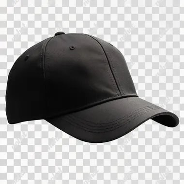 black baseball cap, isolated transparent background, side quarter view