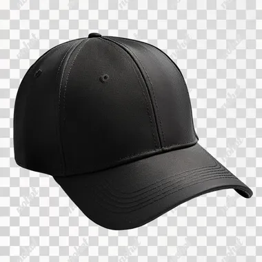 black baseball cap, isolated transparent background, side quarter view