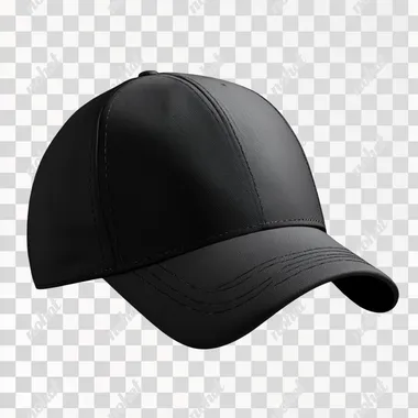 black baseball cap, isolated transparent background, side quarter view