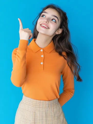 22 years old Turkish girl student wearing orange-long-sleeve polo shirt and beige skirt and smiling, look up and to show the top with his finger and thinking question at blue studio background, , minimalistic, wide angle, high detail, Sony a7iv,