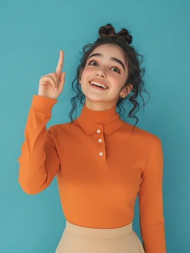 22 years old Turkish girl student wearing orange-long-sleeve polo shirt and beige skirt and smiling, look up and to show the top with his finger and thinking question at blue studio background, , minimalistic, wide angle, high detail, Sony a7iv,