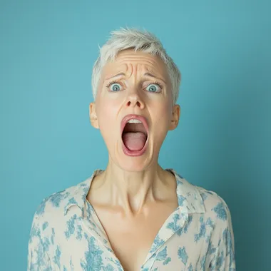 yelling mature woman with short hair on a periwinkle background