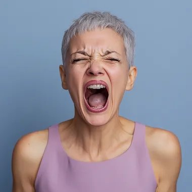 yelling mature woman with short hair on a periwinkle background