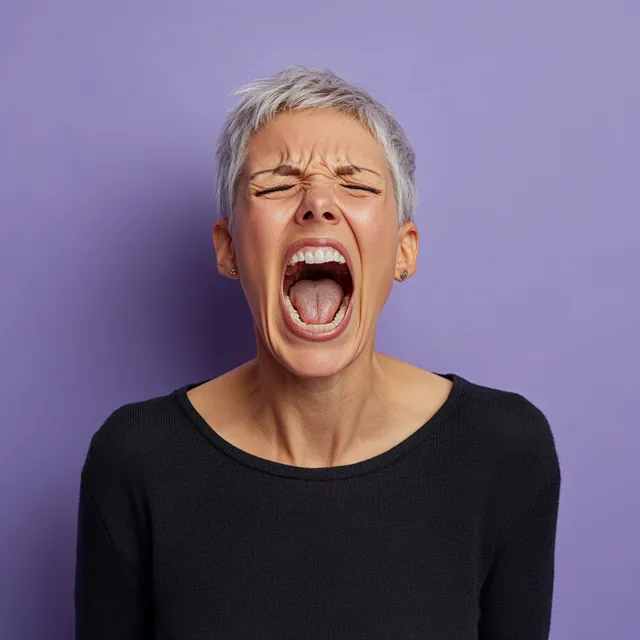 a woman with her mouth open and her eyes closed