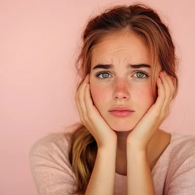 worried young woman, light pink background