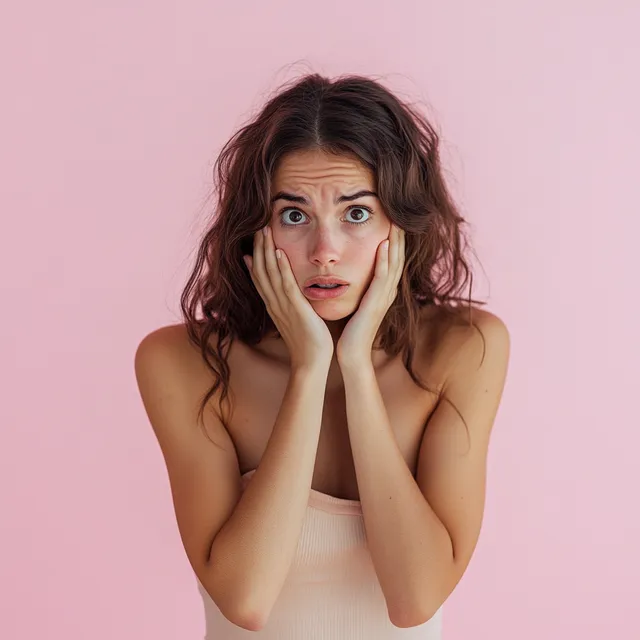 Worried young woman in white bodysuit with hands to face, pink backdrop