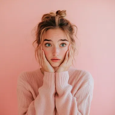 worried young woman, light pink background