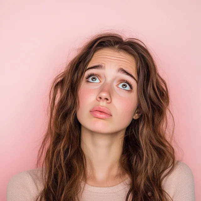Worried young woman looking up in a light pink living room背景