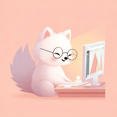 A cute white fox wearing round glasses, working on a computer, editing 3D objects on screen, pastel-tone illustration, clean vector art, soft pastel colors, simple background, studio lighting, highly detailed, kawaii style, flat design  --raw
