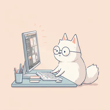 A cute white fox wearing round glasses, working on a computer, editing 3D objects on screen, pastel-tone illustration, clean vector art, soft pastel colors, simple background, studio lighting, highly detailed, kawaii style, flat design  --raw