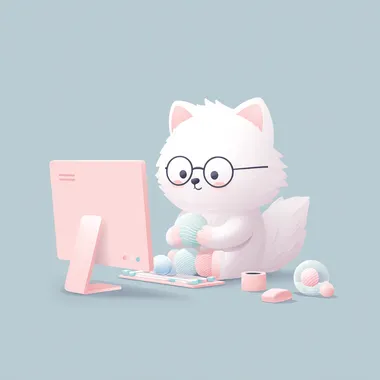 A cute white fox wearing round glasses, working on a computer, editing 3D objects on screen, pastel-tone illustration, clean vector art, soft pastel colors, simple background, studio lighting, highly detailed, kawaii style, flat design  --raw