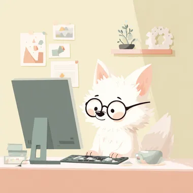 A cute white fox wearing round glasses, working on a computer, editing 3D objects on screen, pastel-tone illustration, clean vector art, soft pastel colors, simple background, studio lighting, highly detailed, kawaii style, flat design  --raw