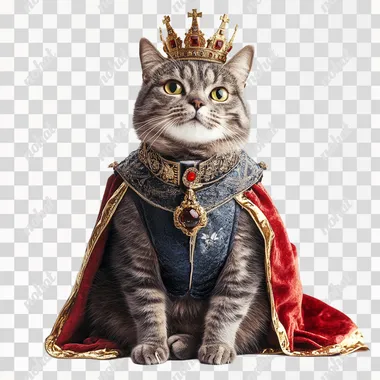 cat dressed like a king sitting in the floor, white background