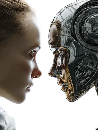 side view close up on a human head and robot head looking to each other face to face, eye to eye, the two heads in the same size and dimensions, challenging, cinematic shot, isolated on white, hyper-realistic  --raw